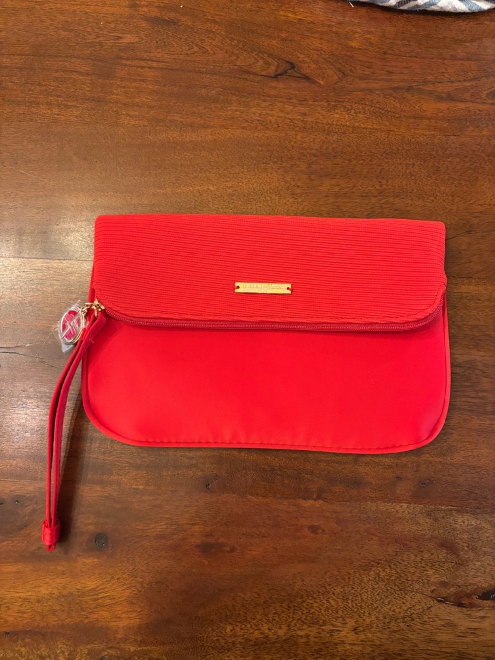 Giorgio Armani Bright Red Fold-Over Wristlet Clutch with Gold Plaque